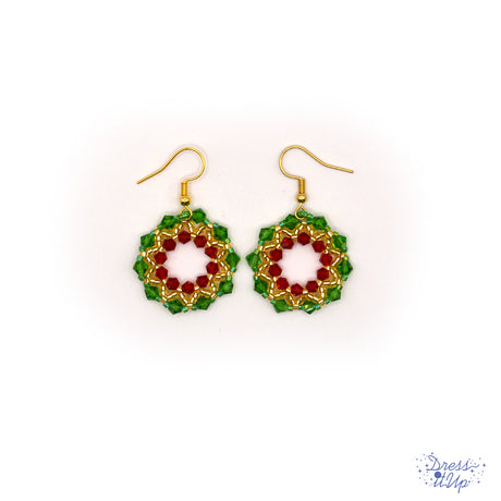 Christmas glass bead dangle earrings in a red, green, gold wreath