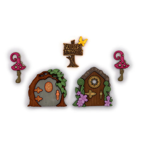 Fairy garden door and magical mushroom shank back buttons for spring and fantasy sewing and crafting projects