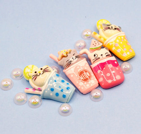 boba tea and cat themed resin craft embellishments