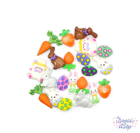 Features an assortment of beautiful hand-dyed buttons and embellishments. Bunnies, easter eggs, and carrots. Reusable plastic container
