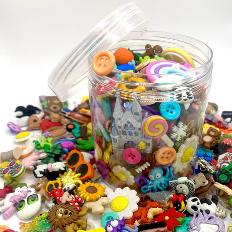 Mystery assortment contains approximately 150 pieces of shank-back, flat-back and sew-thru embellishments