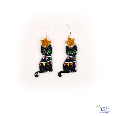 Festive Black Cat Tangle Earrings, wrapped in colorful Christmas lights