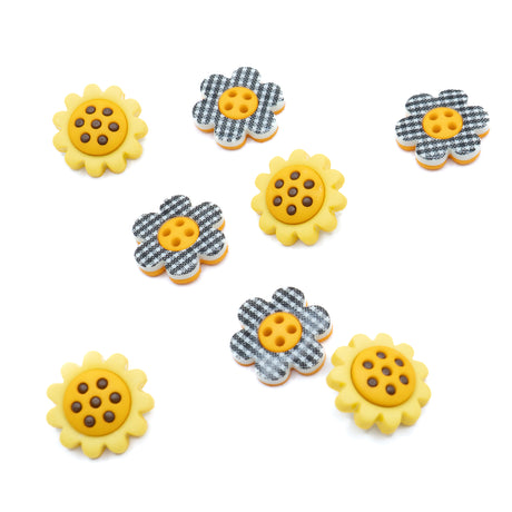 shank back and sew thru flower buttons in black and white gingham and polka dot flowers