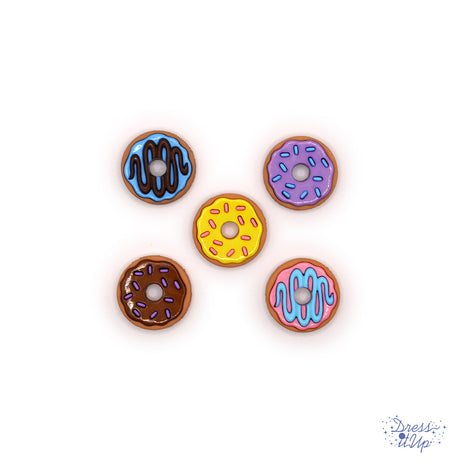 Five fun flat-back donut embellishments add to party crafts and kitchen decor