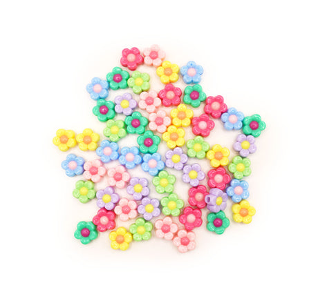 Plastic craft beads in bright flowers