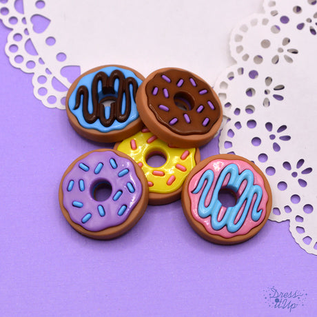 Five fun flat-back donut embellishments add to party crafts and kitchen decor