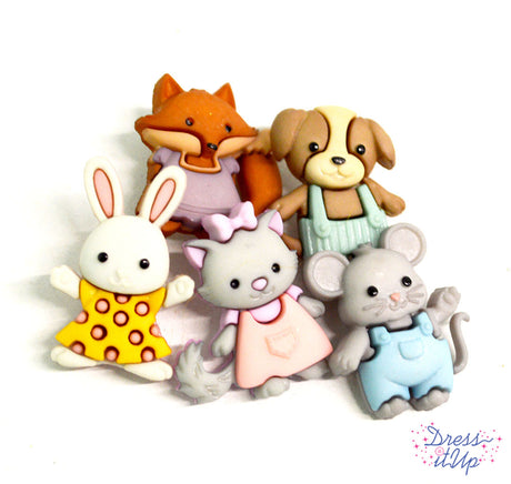 Five furry friends-dog, cat, fox, mouse and rabbit-are dressed and ready to embellish children's crafts and decor