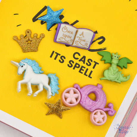 Fantasy and princess projects come alive with this pack including a story book, unicorn, dragon, carriage, crown and stars