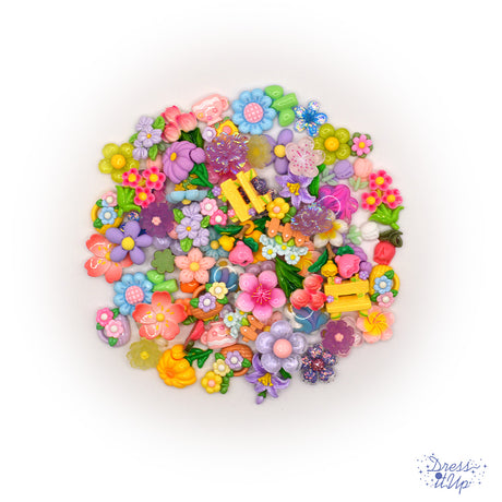 A vibrant mix of floral buttons and embellishments for crafting