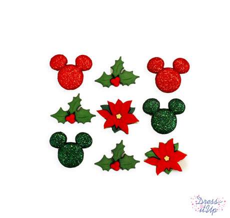 Glittery Disney Mickey Mouse heads in red and green paired with holiday plants add to crafting and projects