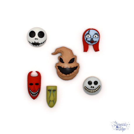 Disney's Nightmare Before Christmas themed buttons contain masks from your favorite trio Lock, Shock, and Barrel, joined by Jack Skellington, Sally, and bright mummy.