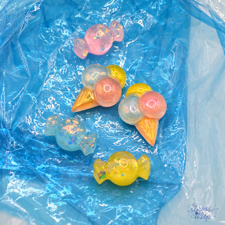 Shiny resin ice cream cones and candy pieces, flat back embellishments for crafting