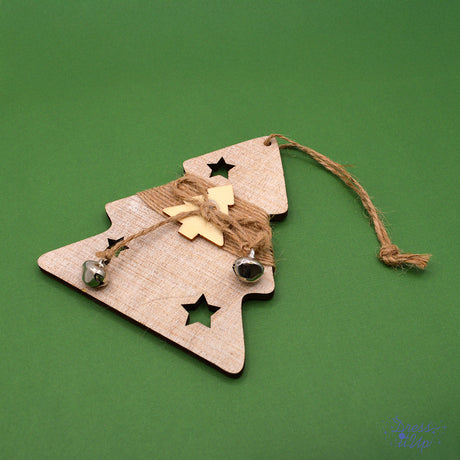 Add a touch of rustic charm to your holiday décor with this delightful Wood Tree Ornament featuring a jingle bell accent