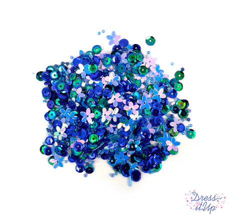 Each blue mix includes round sequins, flower sequins, seed beads, bugle beads, and more
