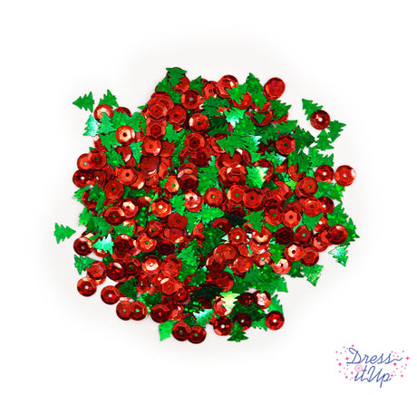 Shiny red sequins and glittering green trees add to holiday and winter themed crafting