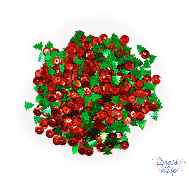 Shiny red sequins and glittering green trees add to holiday and winter themed crafting