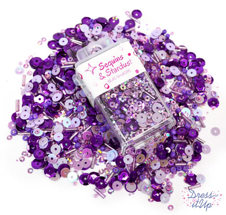 Each purple tone mix includes round sequins, seed beads, bugle beads, and more