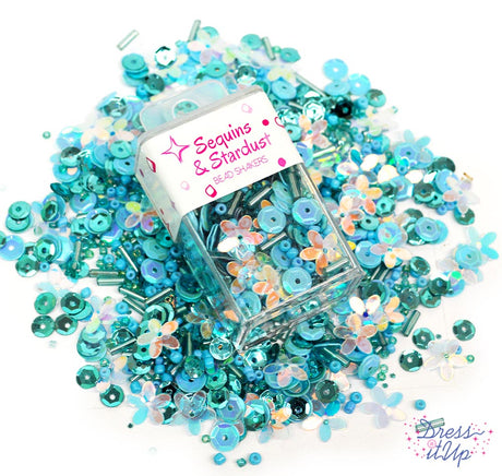 Each teal mix includes round sequins, flower sequins, seed beads, bugle beads, and more
