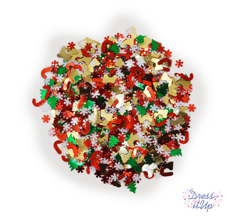 Festive sequin mix featuring snowflakes, stockings, candy canes, and pine trees