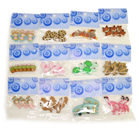 Surprise assortment of 100 button packs, single-style buttons and embellishments