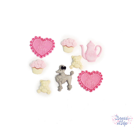 Shank-back and flat back embellishments make up this pretty pink themed tea party 