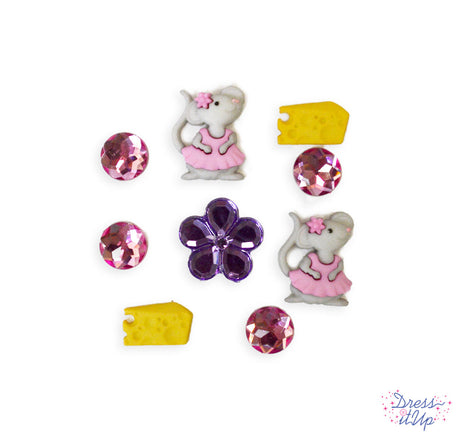 Little mice dressed in pink, along with cheese and shiny embellishments, add cuteness to crafts