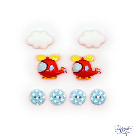 Two red helicopters, clouds and patterned buttons