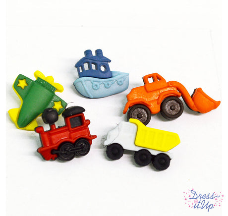 This craft embellishment pack includes dump trucks, planes, boats, front end loaders and trains