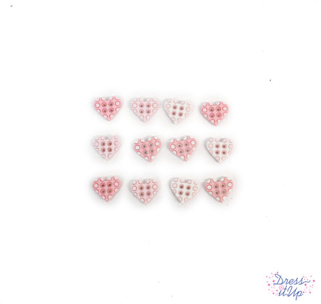 Tiny 4-hole heart shaped buttons in pink add to nursery and baby crafting