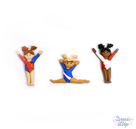 Tiny girls in red, white and blue in gymnastic poses