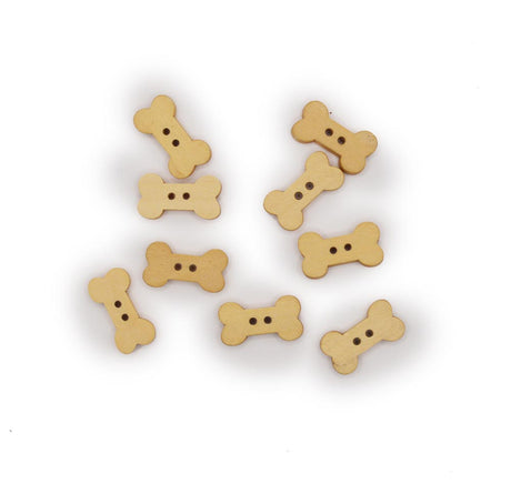 Wood sewing buttons in the shape of a dog bone for sewing and crafting projects