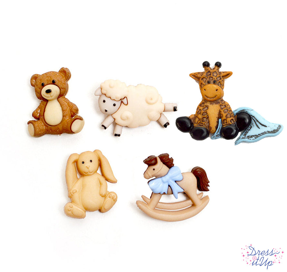 5 shank-back button embellishments pack with baby boy toys with giraffe with a blanket, stuffed bunny, stuffed teddy bear, rocking horse and lamb for nursery crafts and baby shower projects