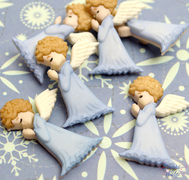 6 shank-back button embellishments pack with praying angels in light blue for crafting