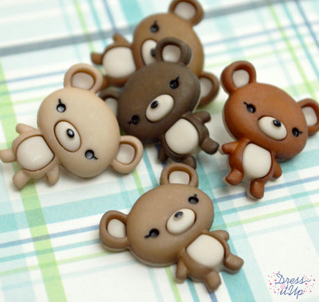 5 shank-back button embellishments pack with monochromatic tan and brown stuffed teddy bears for children's and nursery crafts