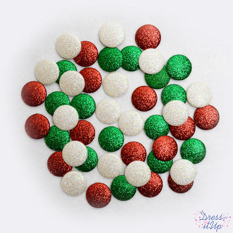 Glittery round embellishments in classic Christmas colors for crafting