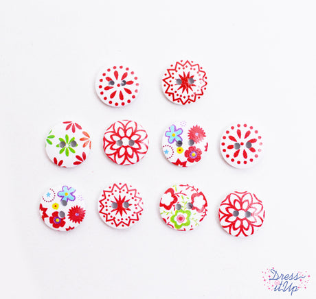 Printed 2-hole buttons in reds and white add a fun touch to sewing and crafting