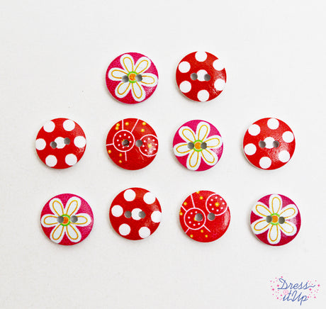 Printed 2-hole buttons in reds and pinks add a fun touch to sewing and crafting