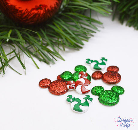 Glittery and peppermint candies inspired by Disney's Mickey Mouse are perfect for holiday crafts
