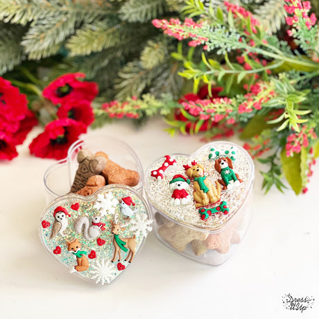 Acrylic box project adorned with Feliz Navidog and Woodland Holiday animal buttons