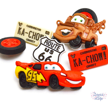 Lightning McQueen and Tow Mater from the Disney movie Cars head up this fun button pack