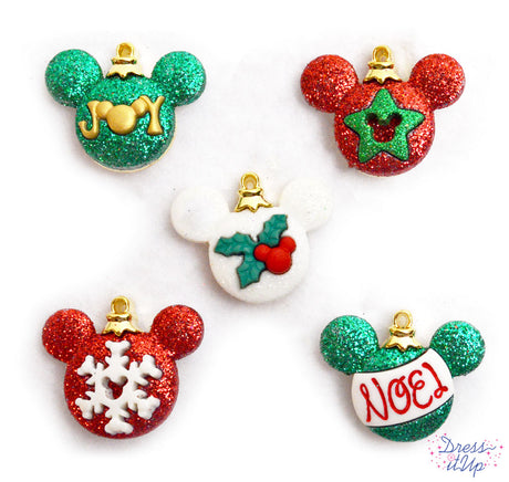 Glittery ornament buttons in classic Christmas colors in the shape of Disney's Mickey Mouse