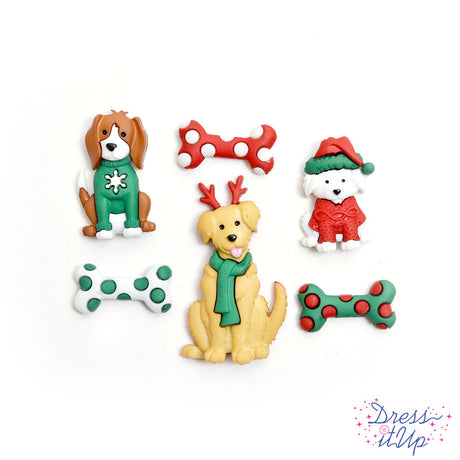 six christmas themed dogs with polkadot bones in holiday colors for crafting