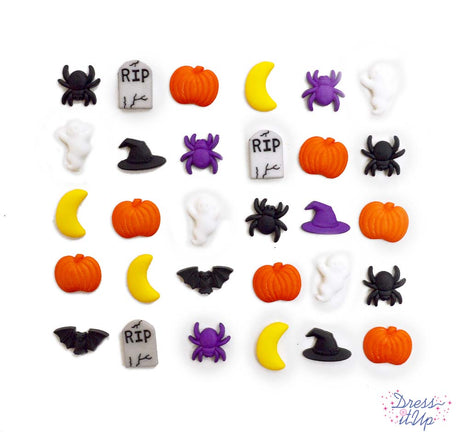 Mini Halloween embellishments featuring witch's hats, ghosts, spooky skeletons, stars, crescent moons, bats, and tomb stones