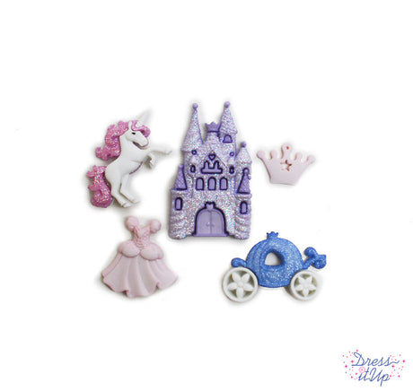 This pack of craft embellishments features a sparkly glitter castle, white horse, pink slipper, princess dress and carriage, perfect for princess and children's crafts