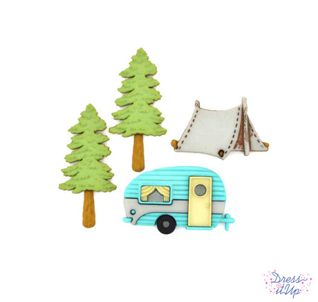 Featuring a camper, tent and two trees, perfect for outdoor and camping crafts