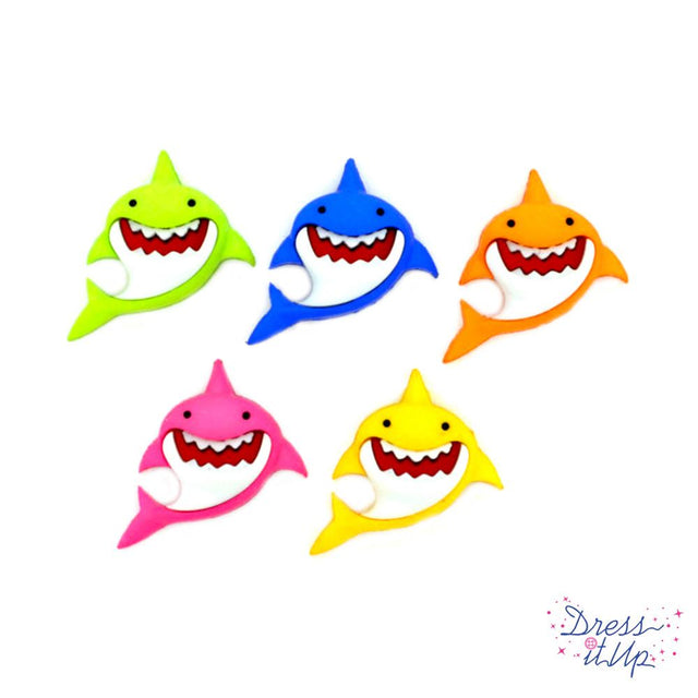 Five primary color shark loop back buttons for embellishing boy birthday and summer crafts