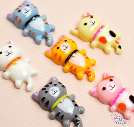 six resin flat back cat themed embellishments for crafting