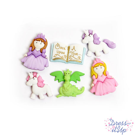 six piece shank back button pack featuring girl story book embellishments. dragon, princess, unicorns and more