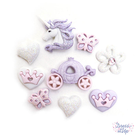 Features pink and purple glitter princess inspired embellishments to adorn crafts
