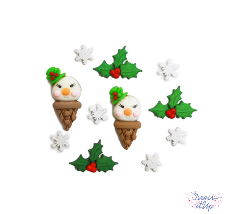 Cones with snowman faces, along with snowflakes and holly, add a whimsical touch to holiday and children's crafts